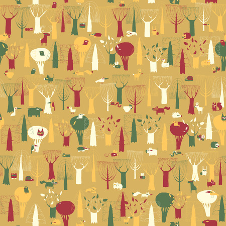 Wood Animals tapestry seamless pattern in vintage colors is hand drawn grunge illustration of forest animals. Illustration is in eps8 vector mode, background on separate layer. のイラスト素材