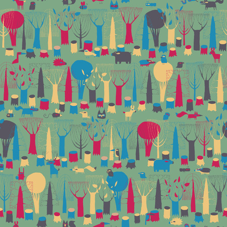 Wood Animals tapestry seamless pattern in magic colors is hand drawn grunge illustration of forest animals. Illustration is in eps8 vector mode, background on separate layer. のイラスト素材