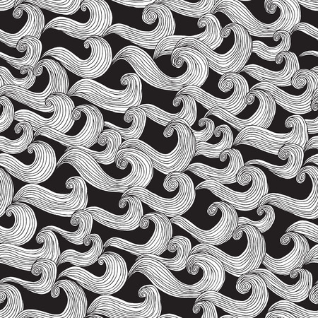 Waves seamless pattern in black and white is hand drawn ink illustration. Illustration is in eps8 vector mode, background on separate layer. のイラスト素材