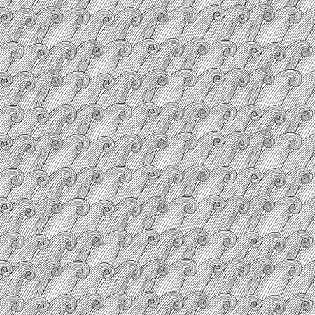 Waves seamless pattern in black and white is hand drawn ink illustration. のイラスト素材