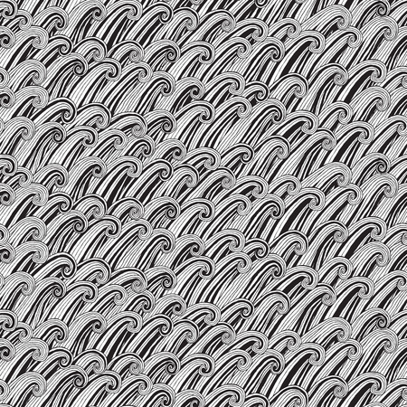 Waves seamless pattern in black and white is hand drawn ink illustration. のイラスト素材