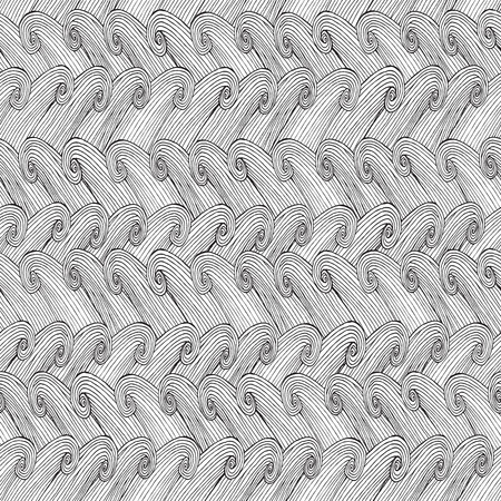 Waves seamless pattern in black and white is hand drawn ink illustration. のイラスト素材