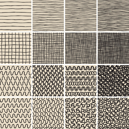 Basic Doodle Seamless Pattern Set No.1 in black and white is collection of 16 simple repetitive patterns. Illustration is in eps8 vector mode, background on separate layer. のイラスト素材