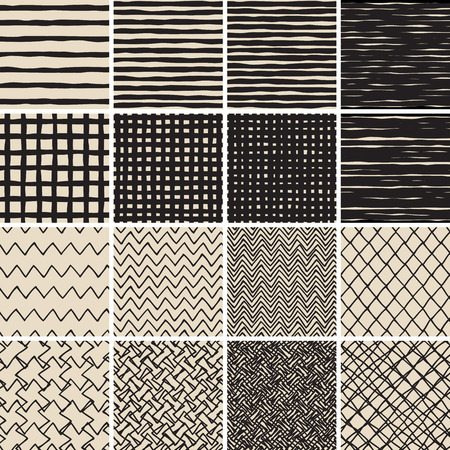 Basic Doodle Seamless Pattern Set No.2 in black and white is collection of 16 simple repetitive patterns. Illustration is in eps8 vector mode, background on separate layer. のイラスト素材