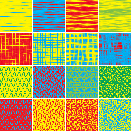 Basic Doodle Seamless Pattern Set No.1 in colors is collection of 16 simple repetitive patterns. Illustration is in eps8 vector mode, background on separate layer. のイラスト素材