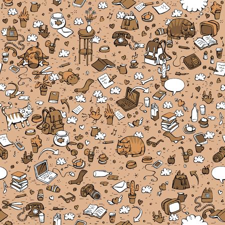 Technological Everyday Objects seamless pattern in three colors. Collection of various isolated objects and pets. Illustration is eps8 vector. Technological Everyday Objects seamless pattern in three colors. Collection of various isolated objects and pets. Illustration is eps8 vector.