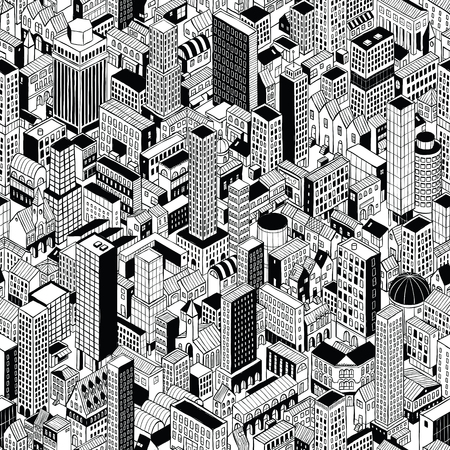 Generic City Seamless Pattern in isometric projection is hand drawing of different buildings (skyscrapers and low-rise).のイラスト素材