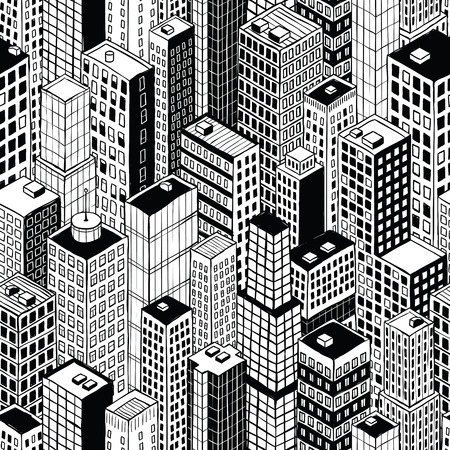 Skyscraper City Seamless Pattern (small) is hand drawing of different high-rise buildings like Manhattan in isometric projection.のイラスト素材