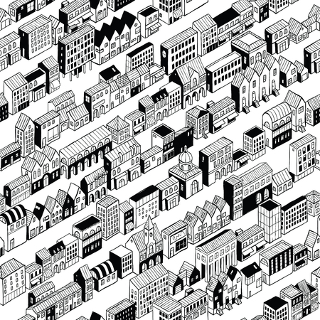 Row City Seamless Pattern is isometric doodle drawing, a string of different buildings stretched along the continuous line.のイラスト素材