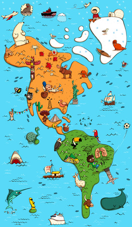 Illustrated Colorfull Map of North and South America. With funny and tipical objects, people, activities, animals, plants, history etc. Illustration in eps10 vector.のイラスト素材