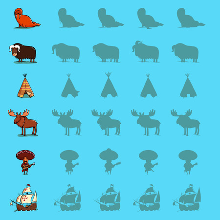 Find the right shadow visual games. Six games Set. Solution in hidden layer! Theme is North America.  Illustration is in eps10 vector mode.のイラスト素材