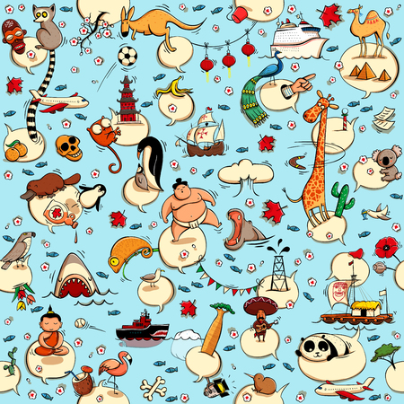 Around the World seamless pattern in colors on blue background. Collection of various isolated objects, sights, animals and characteristic. Illustration is eps10 vector, background separated.のイラスト素材