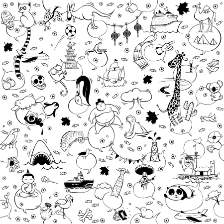 Around the World seamless pattern in black and white. Collection of various isolated objects, sights, animals and characteristic. Illustration is eps10 vector, background separated.のイラスト素材