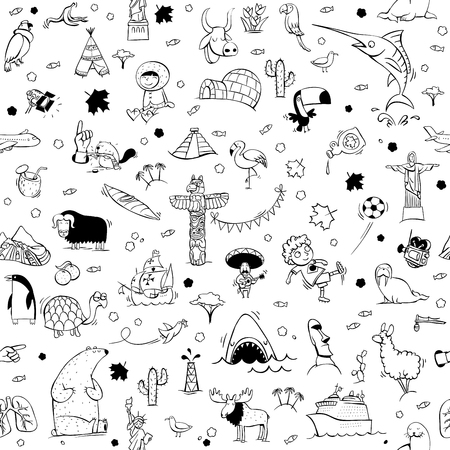 Around the World seamless pattern in black and white. Collection of various isolated objects, sights, animals and characteristic. Illustration is eps10 vector, background separated.のイラスト素材