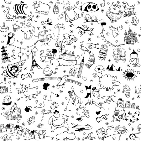 Around the World seamless pattern in black and white. Collection of various isolated objects, sights, animals and characteristic. Illustration is eps10 vector, background separated.のイラスト素材
