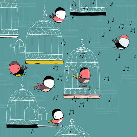 Birds and cages on music background. Cartoon set. EPS10 vector file.のイラスト素材