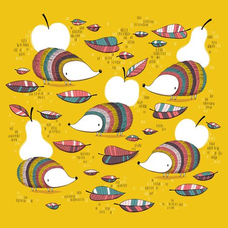 Collection of cute hedgehogs with fruits and leaves. Cartoon set. EPS10 vector file.のイラスト素材