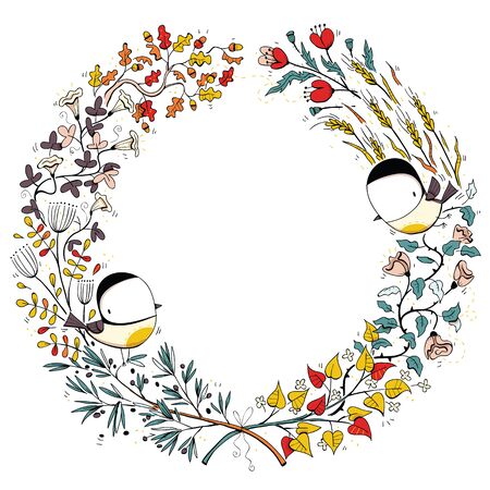 Botanical wreath illustration with tit birds. Cartoon set. EPS10 vector file.のイラスト素材