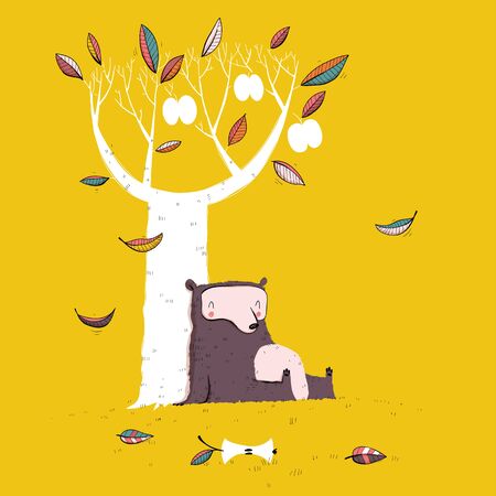 Bear illustration with apple tree. Cartoon set. EPS10 vector file.のイラスト素材