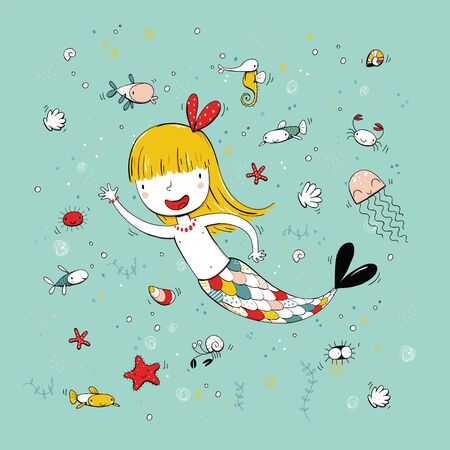 Little mermaid collection with ocean life. Cartoon set. EPS10 vector file.のイラスト素材