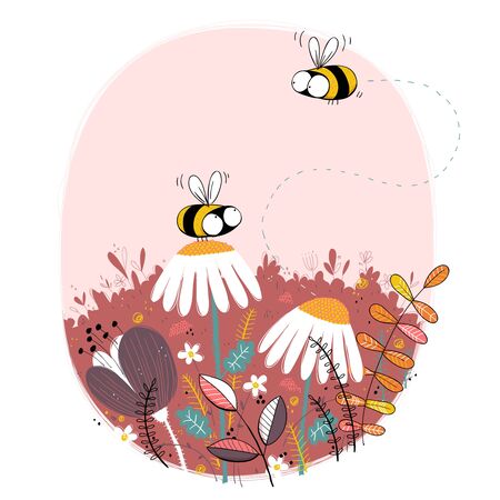 Honey bee illustration with floral background. Cartoon set. EPS10 vector file.のイラスト素材