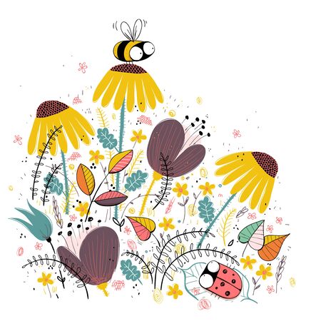Honey bee illustration with floral background. Cartoon set. EPS10 vector file.のイラスト素材