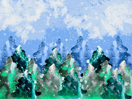 Watercolor winter evergreen pine trees border, white clouds and blizzard on background. Hand painted spruce forest illustration. Abstract watercolor landscape.の写真素材
