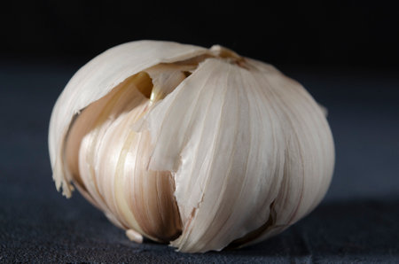 The garlic, garlic cloves and skin on the dark background.の写真素材