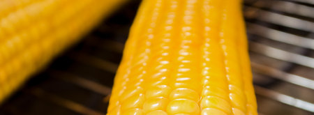 Fresh corn on cobs on grill, closeup. Grilled corn background. Sweet corn closeup.の写真素材