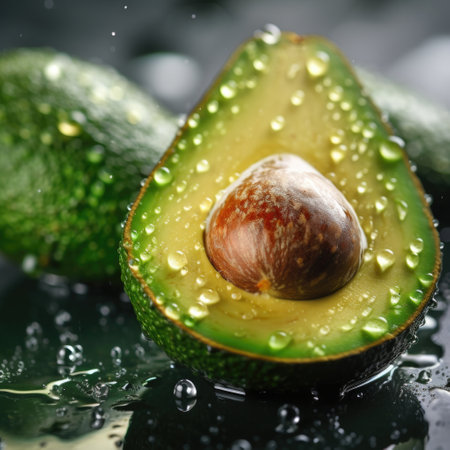 Fresh green avocados with water drops on black background.の素材