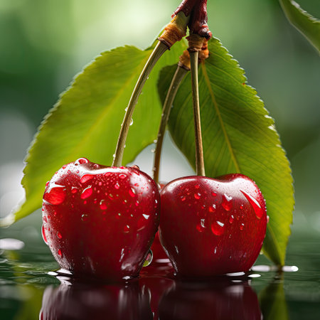 cherry with water drops on a green background, close-upの素材