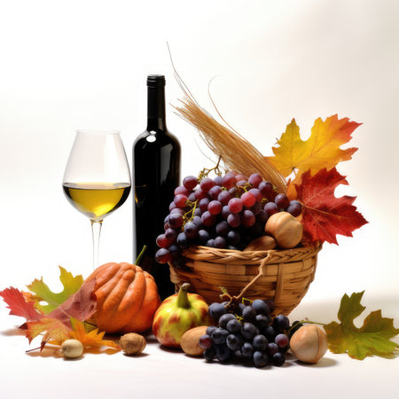 bottle of wine, basket of grapes and autumn leaves on white backgroundの素材