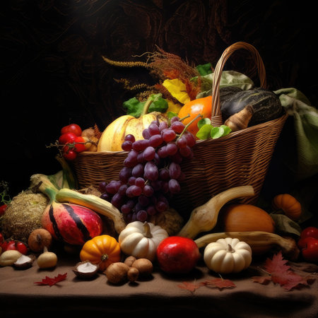 Autumn still life with pumpkins, grapes, apples and chestnutsの素材