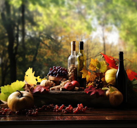 Autumn still life with bottle of wine and autumn leaves on wooden backgroundの素材