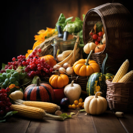 Autumn still life with pumpkins, berries and leaves on wooden backgroundの素材