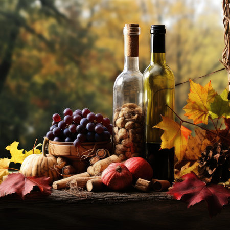 bottles of wine, grapes, nuts and autumn leaves on wooden backgroundの素材