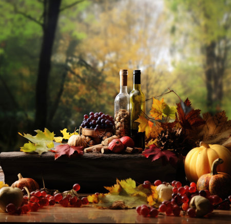 Still life with bottle of wine, autumn leaves and fruits on wooden backgroundの素材