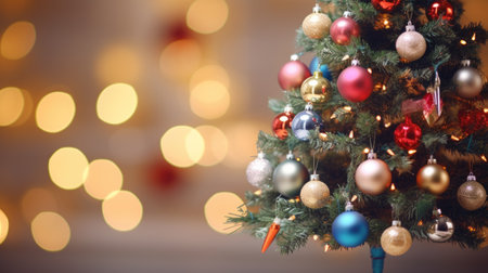 Christmas tree with gold, blue and silver balls. bokeh lights.の素材