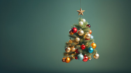 Christmas tree with colorful baubles on green background. tree in the airの素材