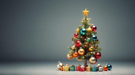Christmas tree and gifts on gray background.の素材
