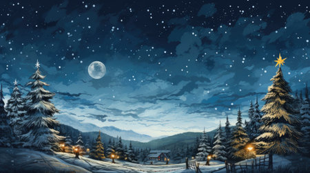 Fir trees in the mountains at night. winter landscape. Christmas background.の素材