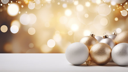 White and gold christmas balls on bokeh background with copy spaceの素材