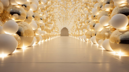 White and gold Christmas balls on the white floor. 3d renderingの素材
