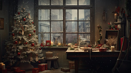Christmas tree in a room with a large window and gifts and candlesの素材