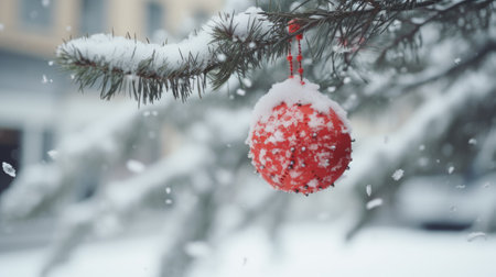 Christmas tree branch with red ball in snowfall. Christmas background.の素材