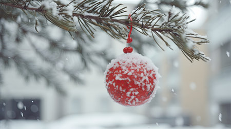 Christmas ball hanging on a pine branch in the snow. winter backgroundの素材