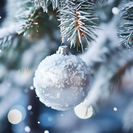 christmas ball on a tree. white christmas ball on spruce branch. christmas ball closeup. selective focus.の素材