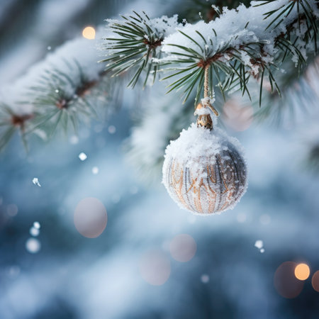 christmas ball on a tree. white christmas ball on spruce branch. christmas ball closeup. selective focus.の素材