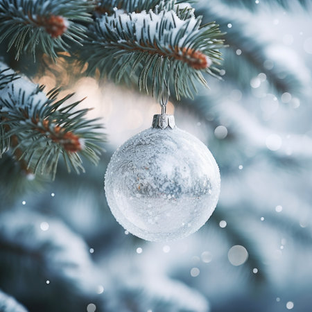 christmas ball on a tree. white christmas ball on spruce branch. christmas ball closeup. selective focus.の素材