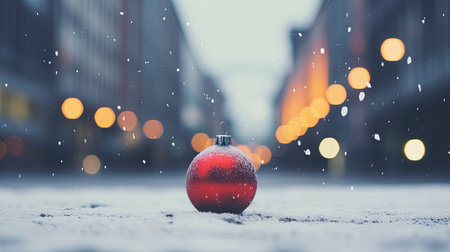 Christmas background with red glass ball on snow with bokeh lightsの素材